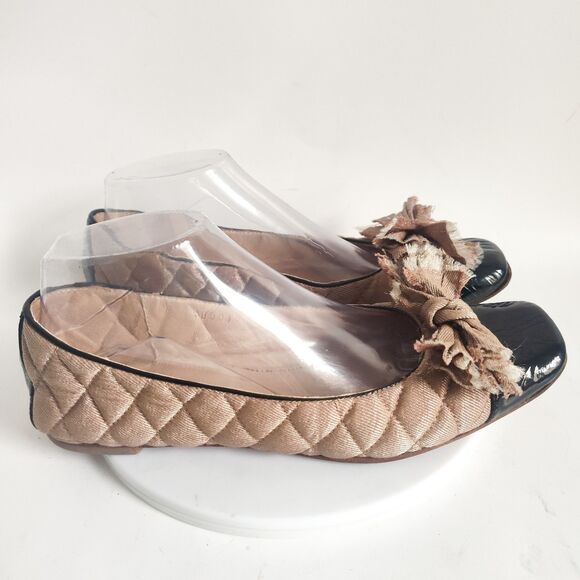 Anthropologie All Black Size 9 Patent Leather Ballet Flats Quilted Neutral Bow - Picture 2 of 13